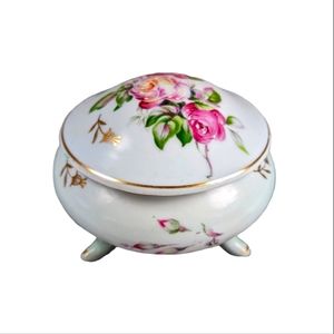 Trinket Jewelry Box Dish Hand Painted Roses Marked HR 140R Three Footed
